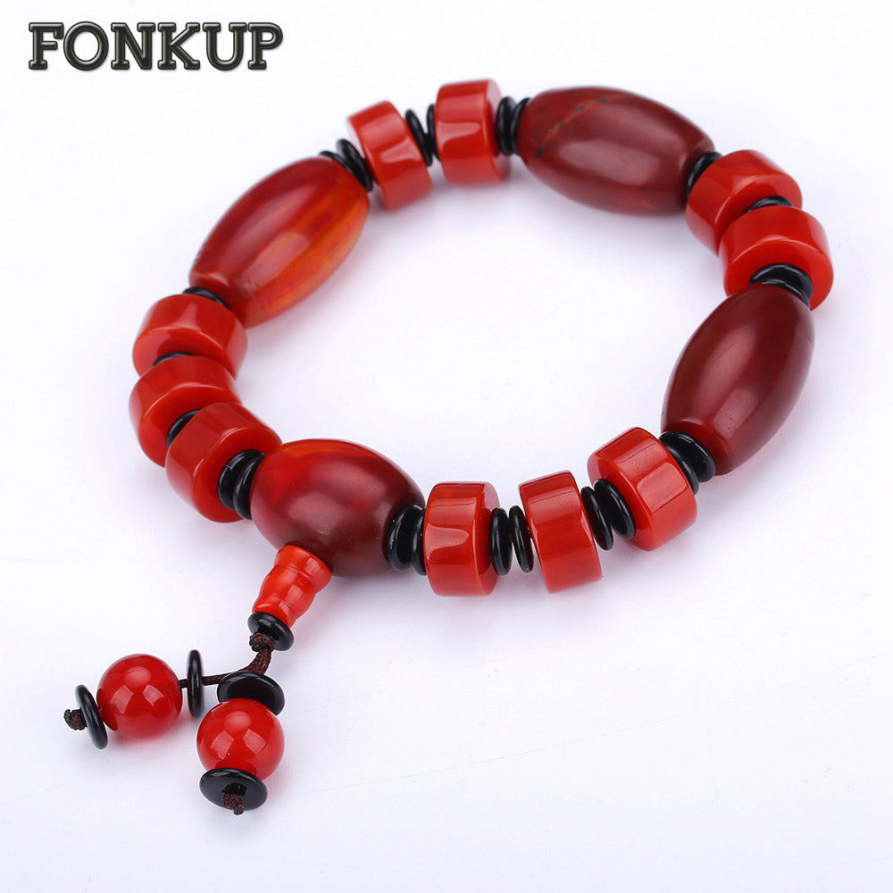 Forkup Women Red Bracelets Agate Geometric Jewelry Woven Vintage Men Wristband Cylindrical Irregular Accessories Black Spacer
