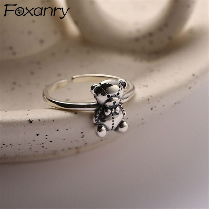 Foxanry 925 Sterling Silver Finger Rings for Women  Trendy Elegant Cute Bear Accessories Vintage Party Jewelry Gift