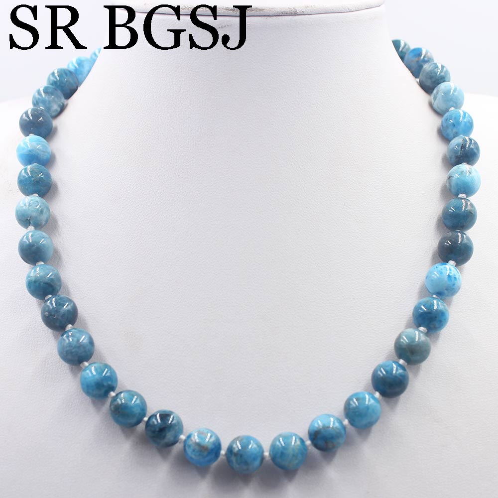 Free Ship 10mm Blue Apatite Round Gems Beads Knot Natural Stone Chocker Women Jewelry Necklace Strand 17.5inch