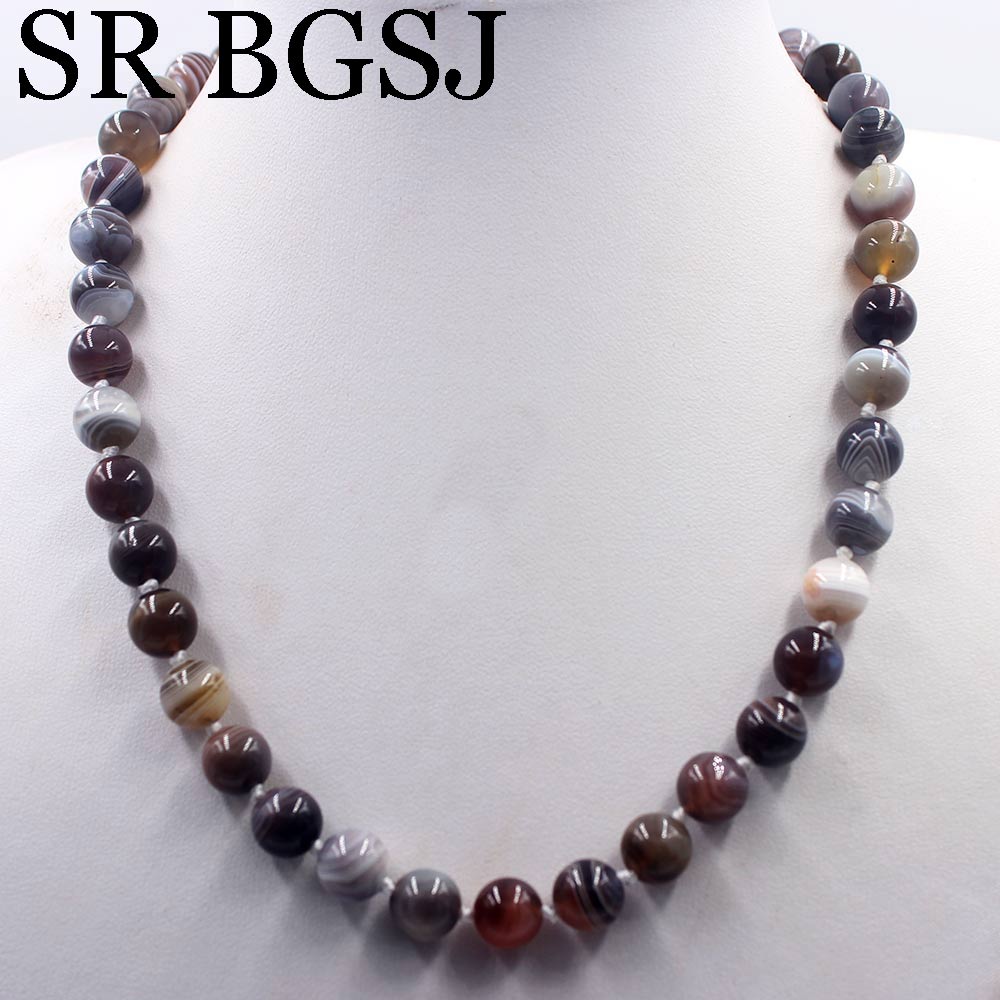 Free Ship 10mm Botswana Agates Onyx Round   Beads Knot Genuine Stone Chocker Women Jewelry Necklace Strand 17.5inch
