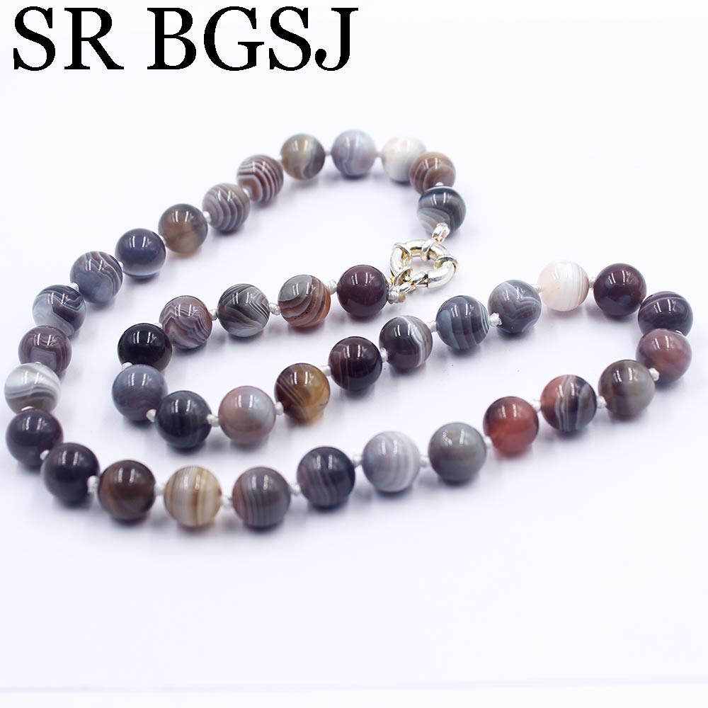 Free Ship 10mm Botswana Agates Round  Beads Knot Natural Stone Chocker Women Jewelry Necklace Strand 17.5inch