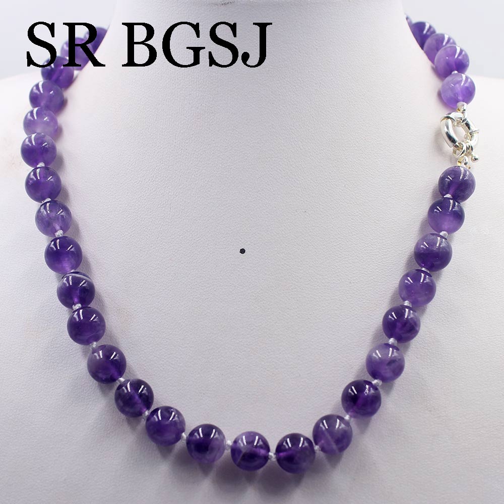 Free Ship 10mm Dream Lace Amethysts Purple Quartz Round Beads Knot Genuine Stone Chocker Necklace Strand 17.5