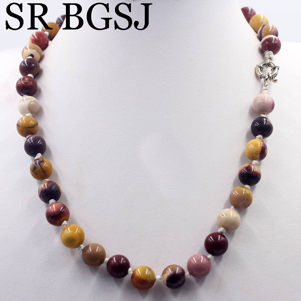 Free Ship 10mm Mookaite Jaspers Round  Beads Knot Genuine Stone Chocker Women Jewelry Necklace Strand 17.5inch