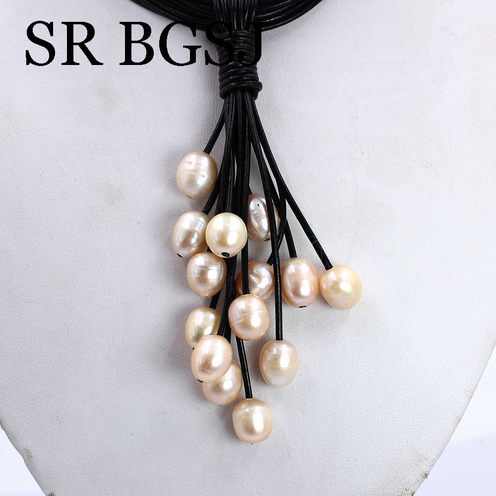 10-12mm Mixed Freshwater Pink Pearl Beads Black Leather Cord Magnetic Jewelry Necklace 18"