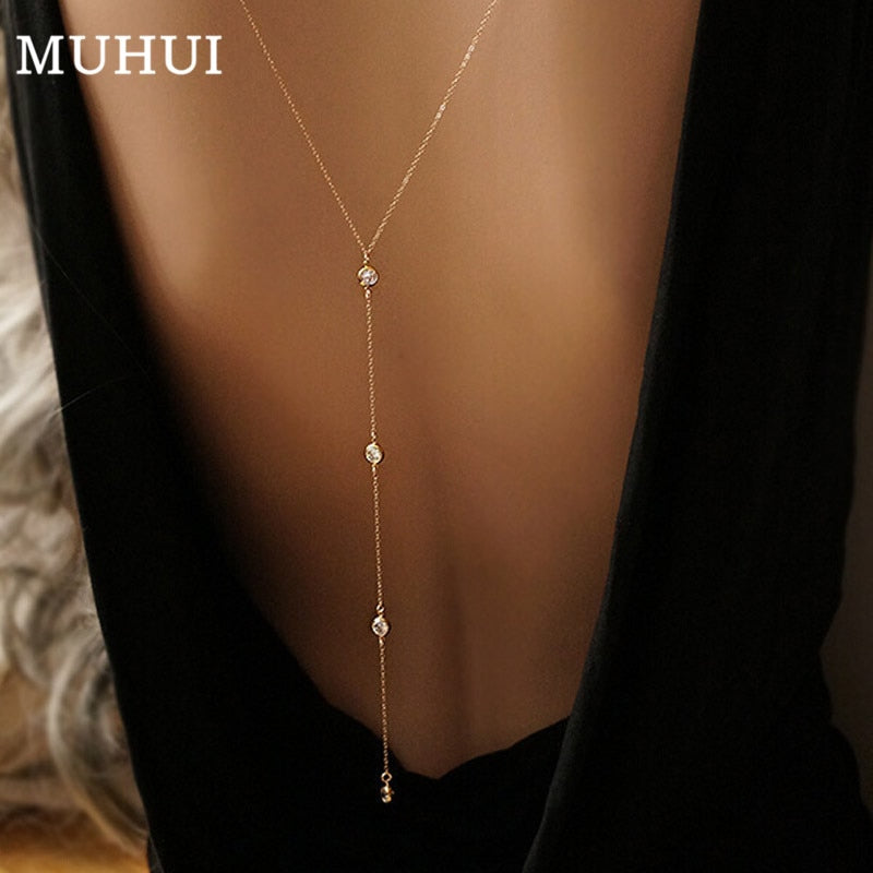 Back Drop Chain Necklaces For Women Elegant Long Crystal Wedding Accessories Backless Chain Beach Jewelry