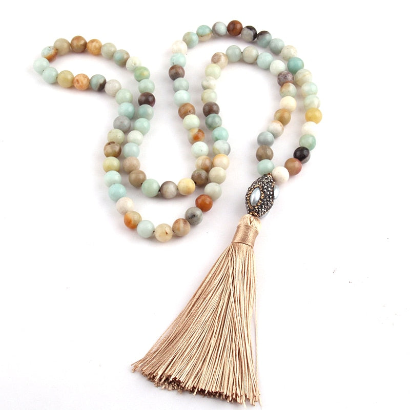Fashion Amazonite Stones Bohemian Tribal Jewelry Oval Pearl Crystal Ball & Tassel Necklace