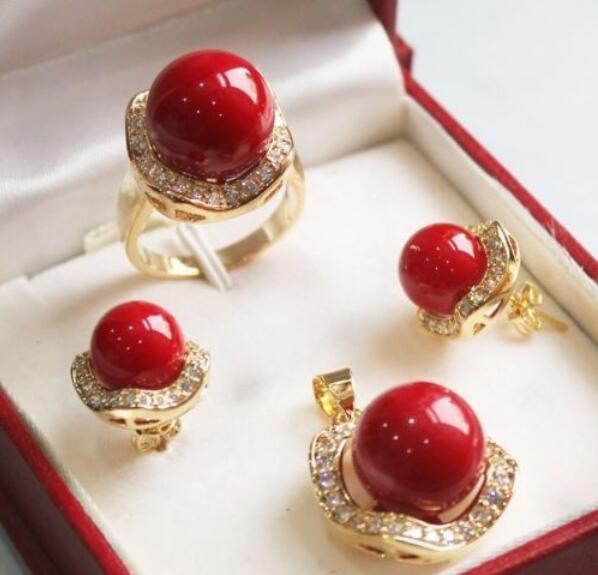 new Style >>>>10mm &14mm Coral Red South sea Shell Pearl Earrings Ring Necklace Pendant Set
