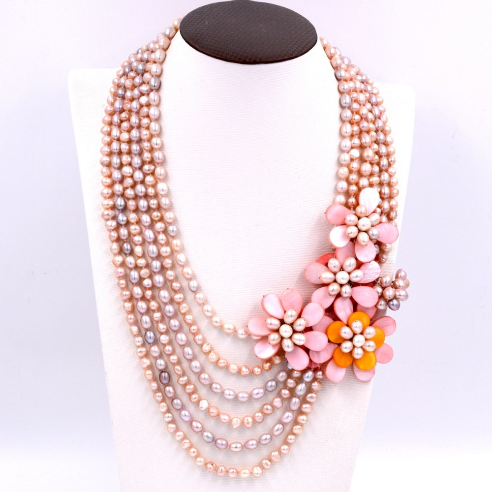NEW!! Natural light pink freshwater pearl and pink flower statement necklace Brand Jewelry 2021