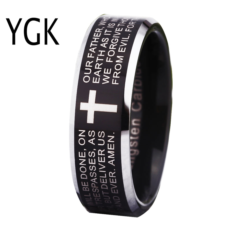 Wholesales Cheap Price Jewelry USA Hot Sales 8mm Men's Tungsten Ring Comfort Fit Cross Bible Lords Prayer Wedding