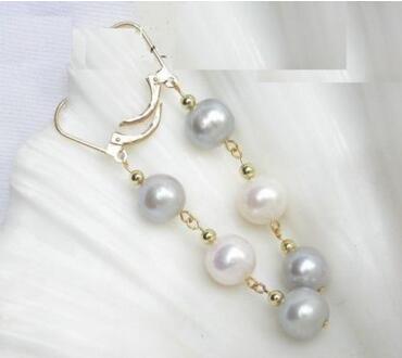 Free shipping 9-10mm AAA gary white Pearl Earrings 14K/20 YELLOW HOOK