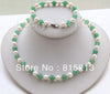 Free shipping Genuine 18 8 round white pearls green lab fine stone necklace bracelet set
