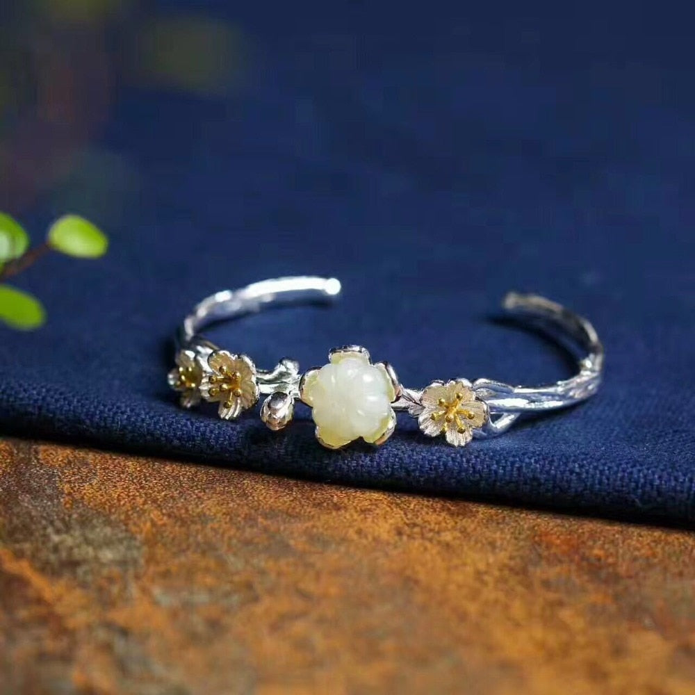 Free shipping Original Handmade HeTian YU Dasiy Bangle 100% pure 925 Sterling Silver bangle for women natural stone Jewelry