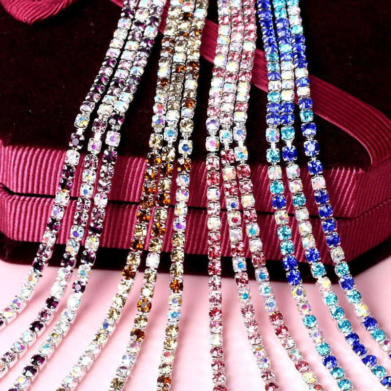 SS6 2mm 5yards/bag multicolour Silver base sew on claw rhinestones chain,diy Clothing accessories YHSS6