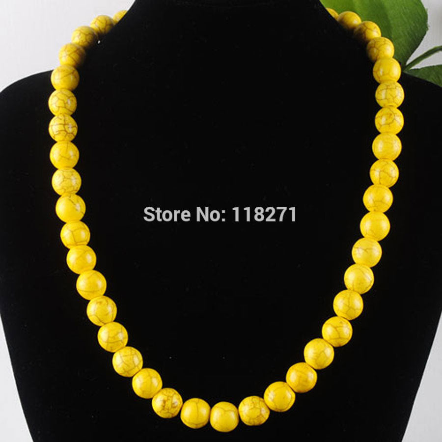 Free shipping Yellow Howlite Gem Stone Round 10mm Beads Necklace Strand 17 Inches Jewelry PF3044