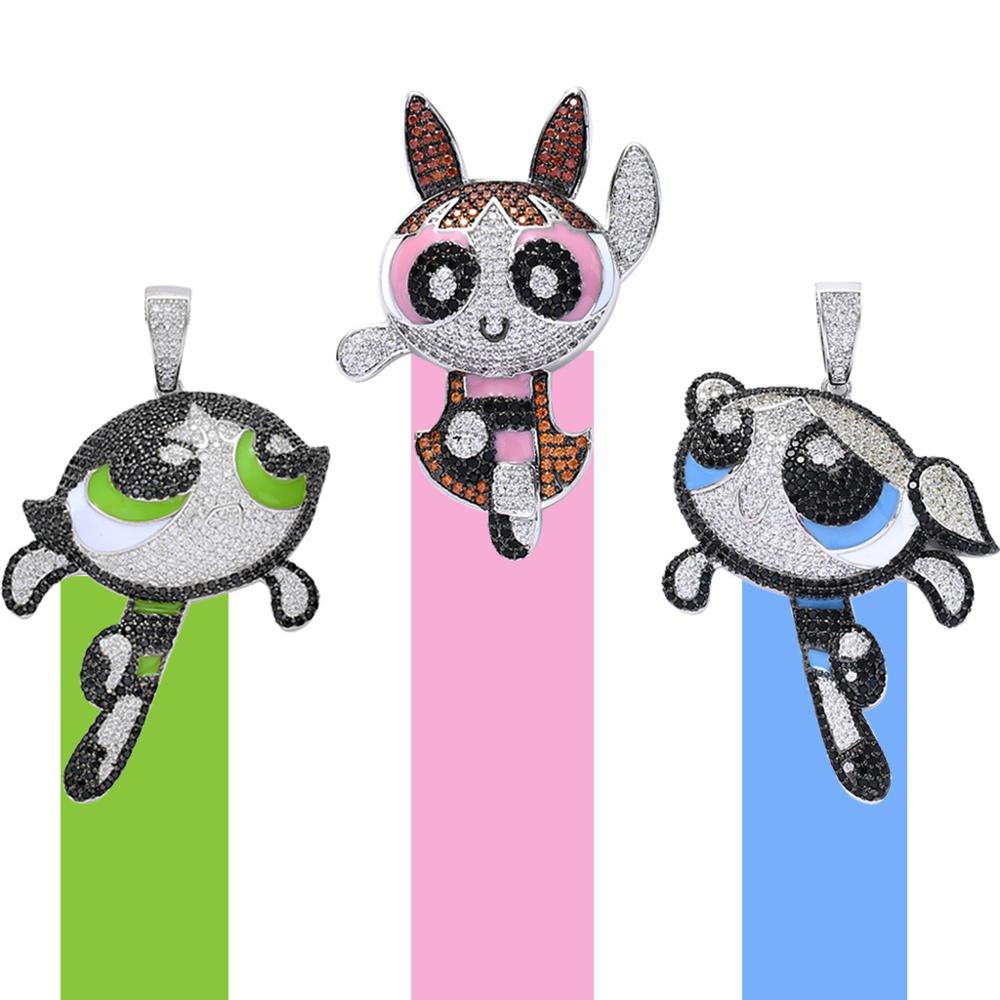 Freewear Powerpuff Girls Hiphop Jewelry Gold Micro Paved CZ Zircon Cartoon Character Blossom Pendant Necklace Iced Out Pendant