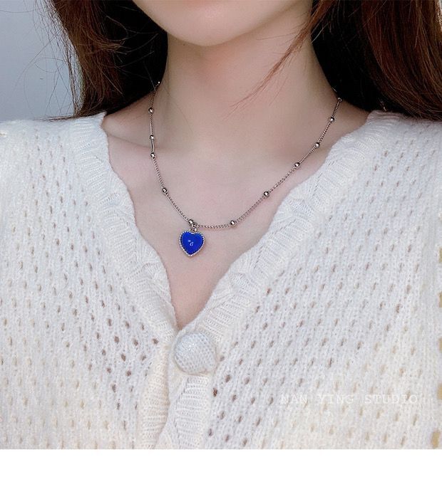 French Discolored Love Heart Pendant Necklace for Women Beaded Chain Choker Necklaces Accessories