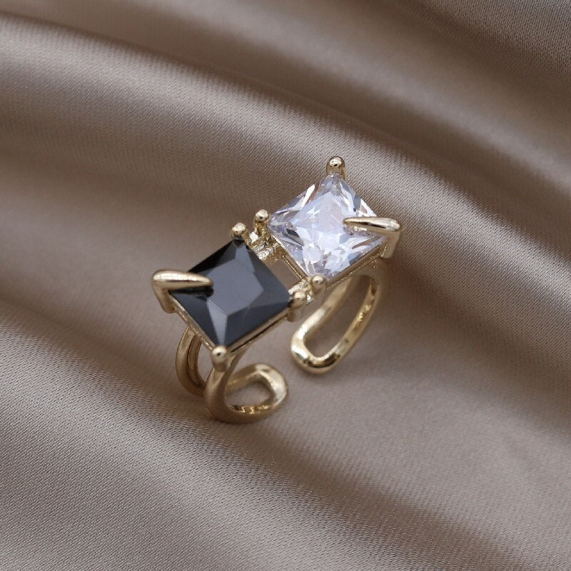 French Design Jewelry  Square Black and White Zircon Ring Elegant Women Prom Party Opening Adjustable Ring