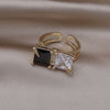 French Design Jewelry  Square Black and White Zircon Ring Elegant Women Prom Party Opening Adjustable Ring