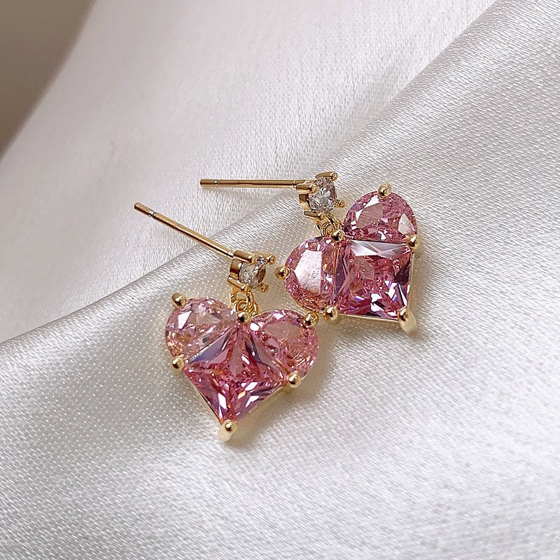 French Design Jewelry  Stitching Love Pink Zircon Earrings Elegant Women Wedding Party Accessories