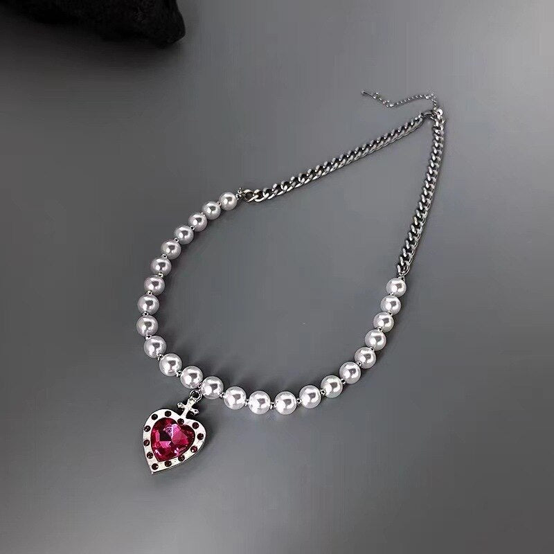 French Vintage Simple Light  Pink Love Pendants Necklace For Women Pearl Stitching Heart Shaped Clavicle Chain Jewelry