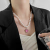 French Vintage Simple Light  Pink Love Pendants Necklace For Women Pearl Stitching Heart Shaped Clavicle Chain Jewelry