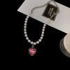 French Vintage Simple Light  Pink Love Pendants Necklace For Women Pearl Stitching Heart Shaped Clavicle Chain Jewelry