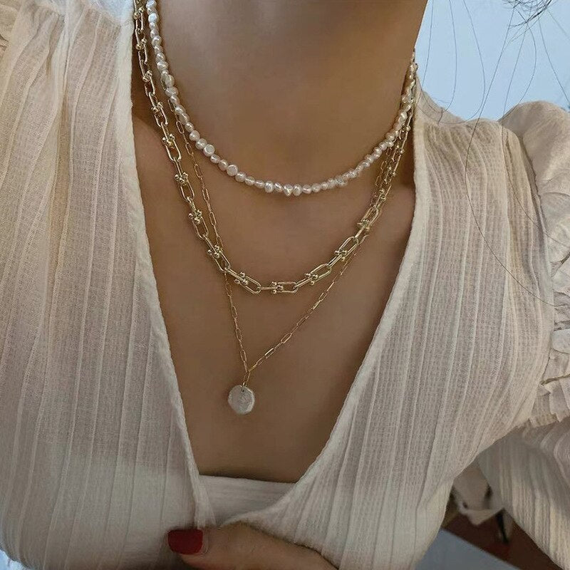 French Vintage Three Layered Freshwater Pearl Necklaces Gold Color Linked Chain Chokers Necklace for Women Minimalist Jewelry