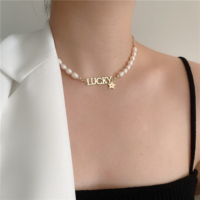French retro simple pearl chain stitching LUCKY necklace female ins tide clavicle chain internet  temperament necklace female
