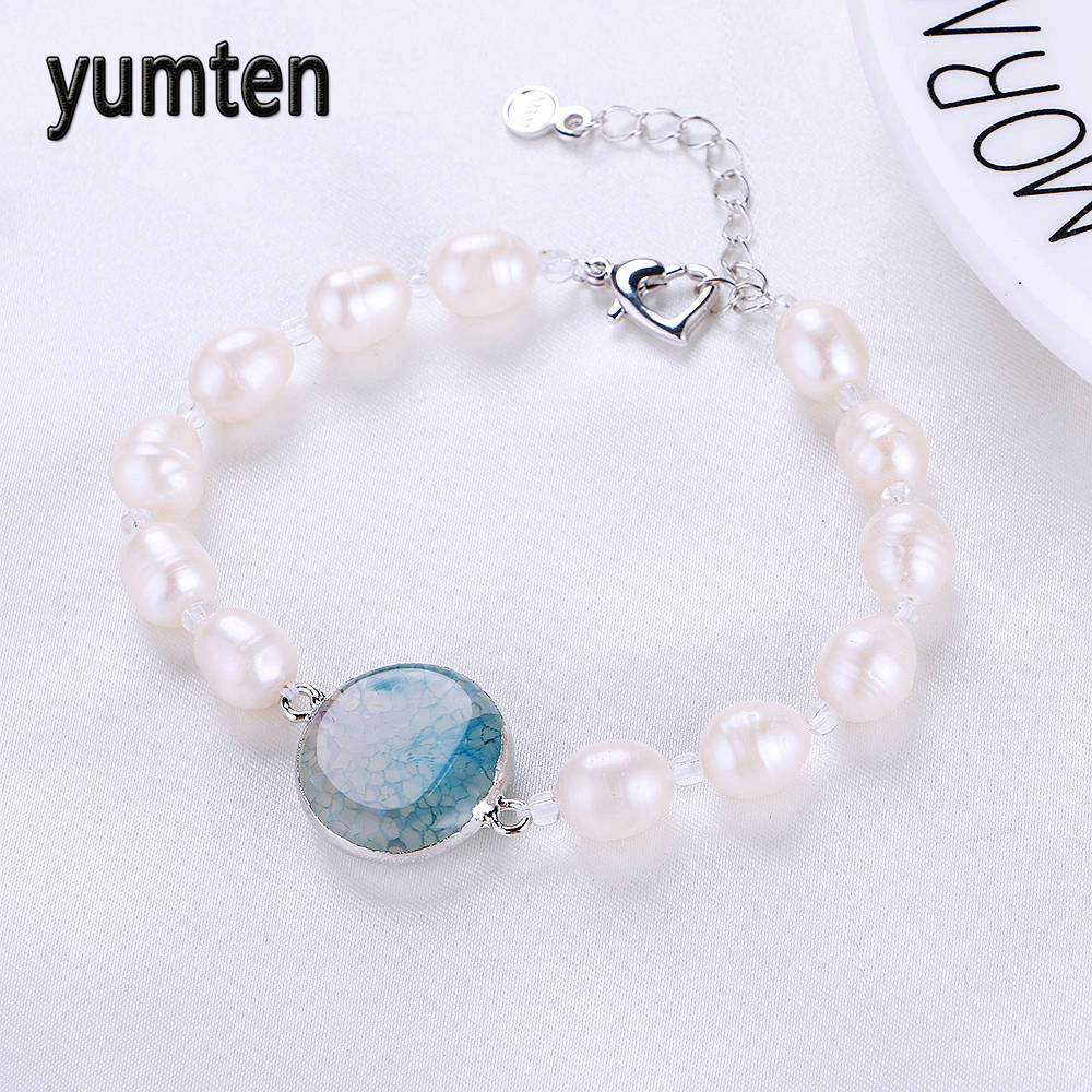 Pearls Bracelets for Women Silver Color Bead Crystal Wedding Bridal Jewelry Bracelets & Bangles Natural Agate Stone