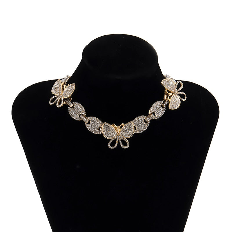 Full Diamond Cuban Buckle Chain Necklace Retro Temperament Micro Diamond Large Butterfly Necklace for Ladies