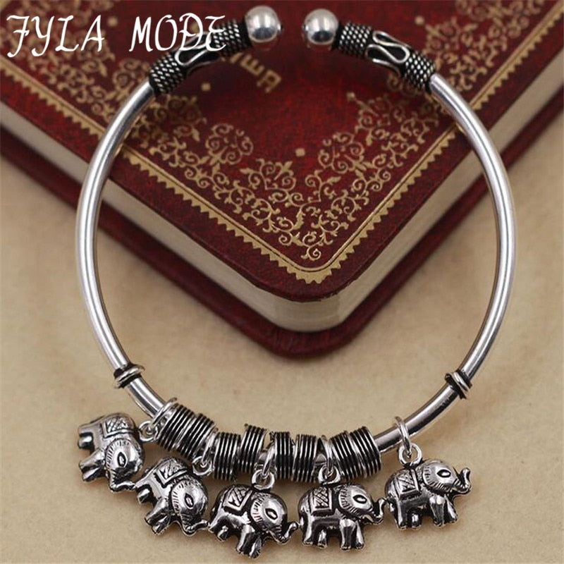 15g Vintage 100% Pure 925 Sterling Handwork Thai Silver Jewelry Auspicious Elephant Charms Bangles for Women Gift
