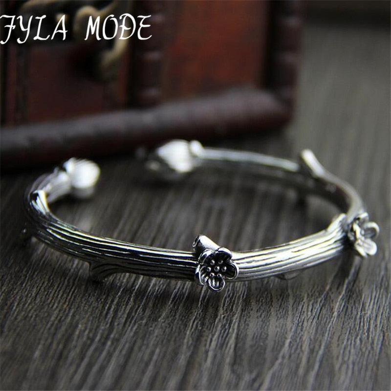 2020 New Delicate Antique Thai Silver Simple Plum Branch Cute Cuff Bracelets for Women 9mm 41G TYC119