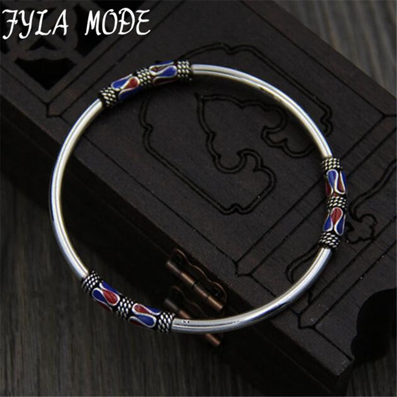 925 Sterling Silver Bangle Bracelet Retro Ethnic Style Cloisonne Enamel Thai Silver Bangle 3mm 11g WTB078