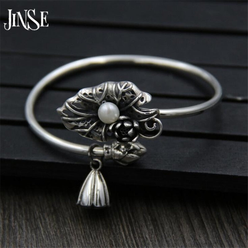 925 Sterling Silver Lotus Seedpod Pendant Charms Lucky Silver Cuff Bracelet Handmade Bangle Lotus Jewelry 58mm 23G
