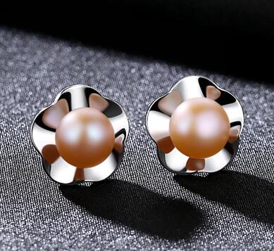 925 Sterling Silver Natural Pearl Stud Earring Flower Shape Earrings For Women Ladies Female Fashion Jewelry Pink Grey