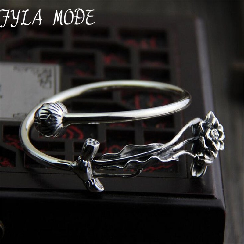 925 Sterling Silver Retro Lotus & Lotus Leaves Adjustable Bangle Heavy Antique Thai Silver Bracelet 3.50mm 35.80G
