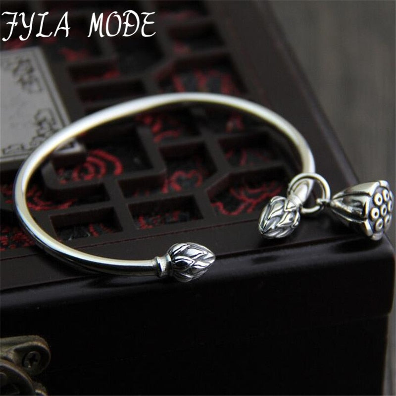 925 Sterling Silver Seedpod Of The Lotus Charm Bracelet & Bangles For Women Open Adjustable Simple Brand Love Jewelry