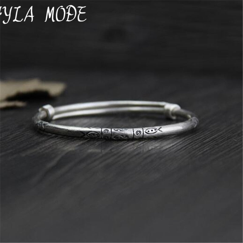 999 Sterling Silver Carved Flower Bangle Handmade Thai Silver Women Men Jewelry Bangle Size Adjustable WT023