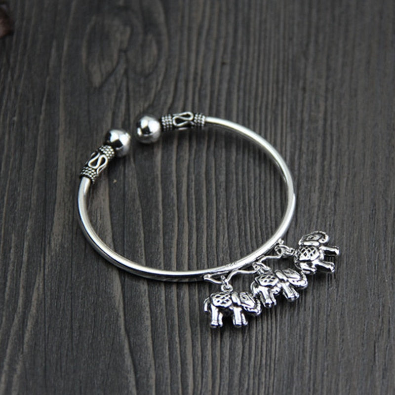 999 Sterling Silver Orinigal Design 3 Elephant Charms Handmade Thai Silver For Ladies Open Bangle Jewelry 3.15MM 14.50