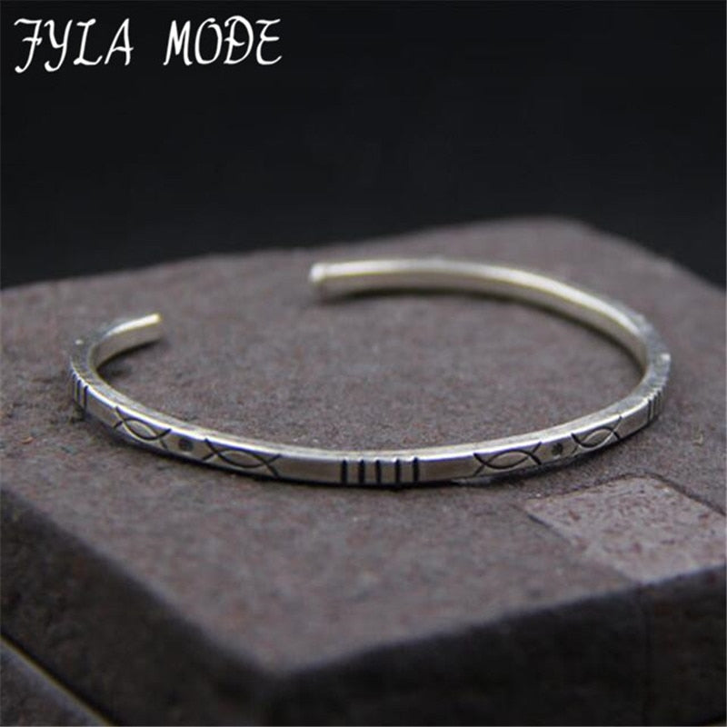 999 Sterling Silver Retro Carved Small Fish Bangle Handmade Thai Silver For Ladies Ethnic Style Open Cuff Bracelet