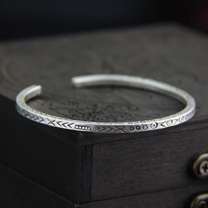 999 Sterling Silver Retro Ladies Thai Silver Handmade Silver Bracelet Opening Flower Carved Bangle 2.90mm 13.10G