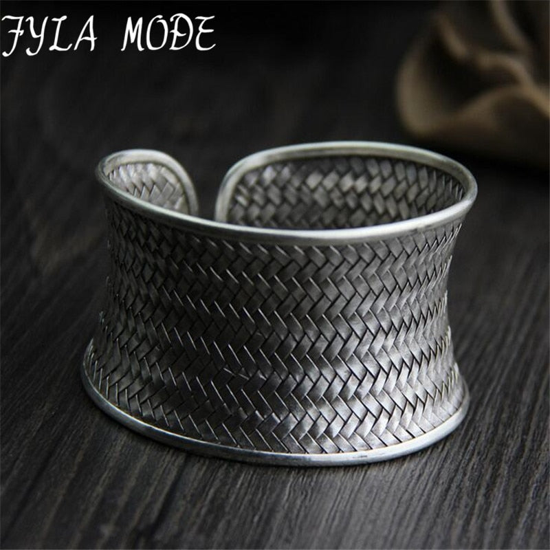 Antique Big Wide Weave Bracelets & Bangles for Women 999 Thai Silver Open Bangle Love Cuff Bracelet Men Fine Jewelry