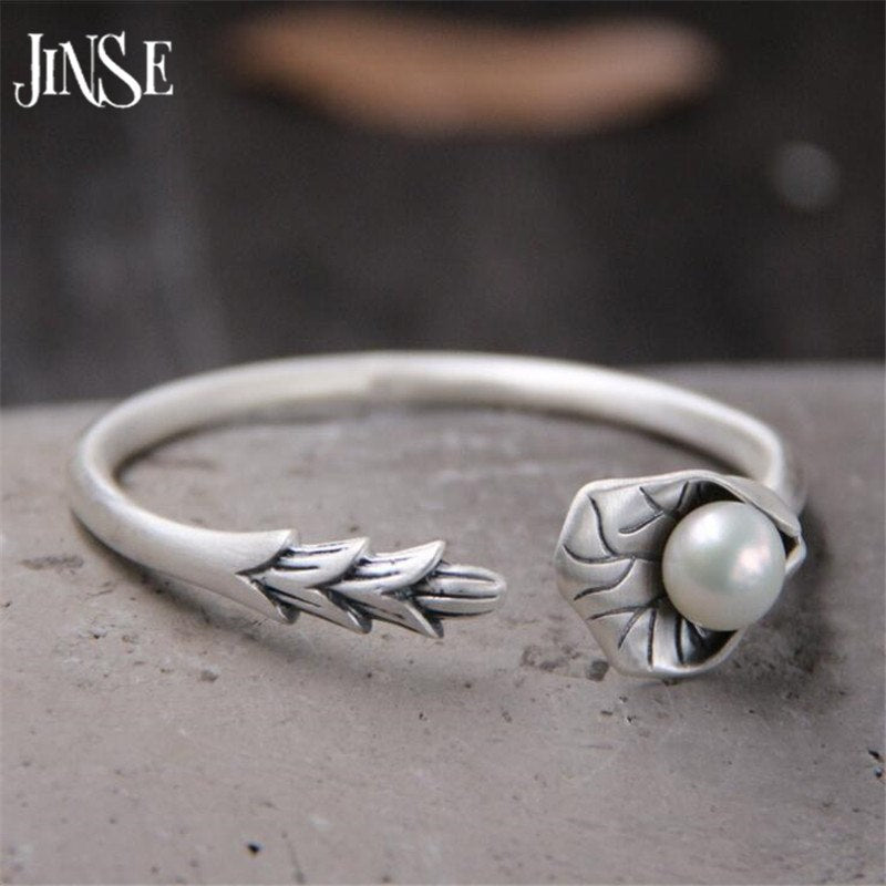 Antique S999 Lotus Leaf With Shell Pearl Bangles Bracelets Women pulsera brazalete Cute Lotus Bud Vintage Jewelry