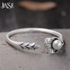Antique S999 Lotus Leaf With Shell Pearl Bangles Bracelets Women pulsera brazalete Cute Lotus Bud Vintage Jewelry