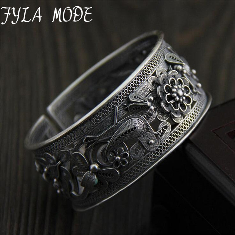 Antique Thai Silver S990 Wide Cuff Bracelet Fashion Bangle Jewelry Gift Women Girl Hollow Flower Bangles 26.70mm 40G