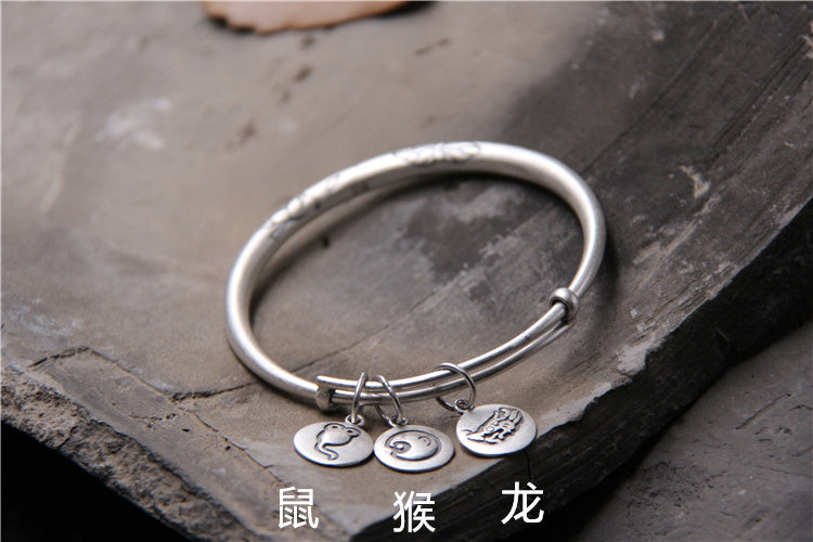 Antiqued S999 Expandable Wire Bangle Three Chinese Zodiac Charms Bracelet Wire Bangle Size Adjustble 5mm 31G TYC101
