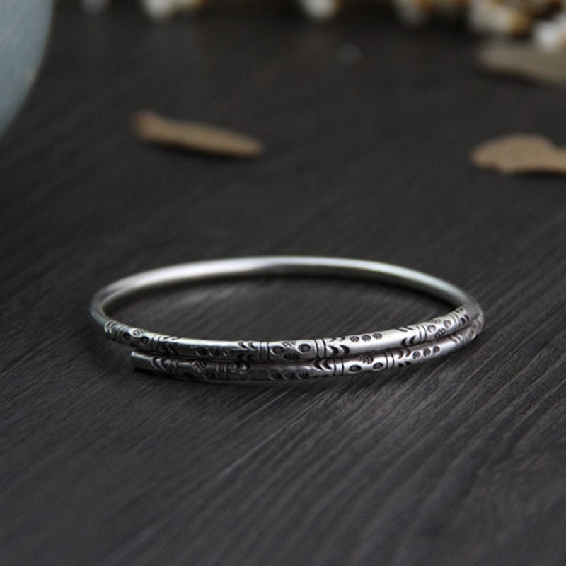 Authentic s999 Sterling Silver Bangles Cuff Carved Fashion Jewelry for Women Made in Thailand 6.50mm 22.60G WTB051