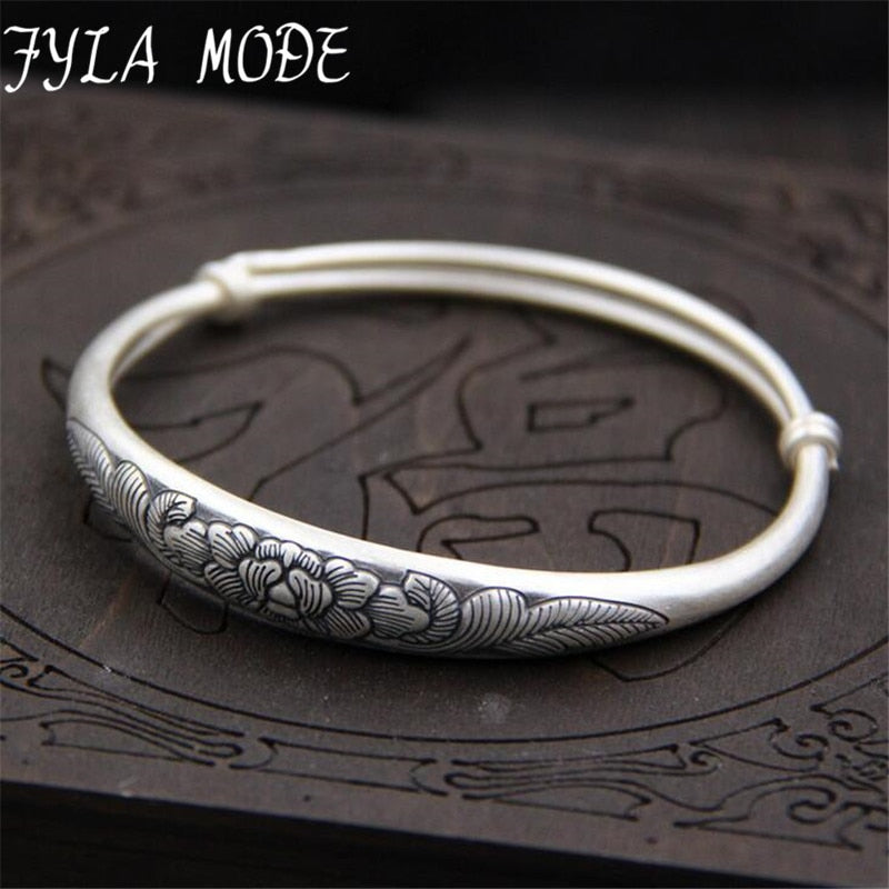 Beautiful Peony Flower Carved Luck Unisex S999 Thai Silver Cuff Adjustable Bracelet 9mm 23.40G TYC077
