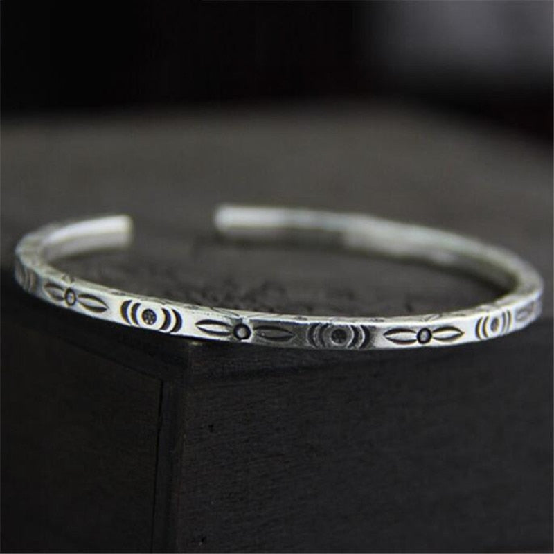 Boho Ethnic Vintage 925 Thai Silver Open Cuff Bangle Flower Carved Womens Bangle Bracelet Hand Jewelry 3mm 13G WTB039