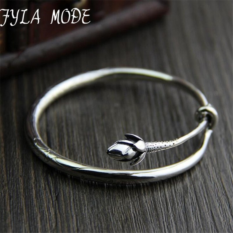 Brand 100% 925 Silver Bracelet Bangle For Women With Romantic Lotus Flower Bud Sterling Silver Bangle 5mm 41G TYC120